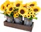 Set of 3 Artificial Sunflower Metal Pot Centerpieces – Farmhouse Floral Arrangements with Rectangle Wooden Planter (11”), Rustic Wedding, Spring Summer Home, Kitchen Table & Shelf Décor